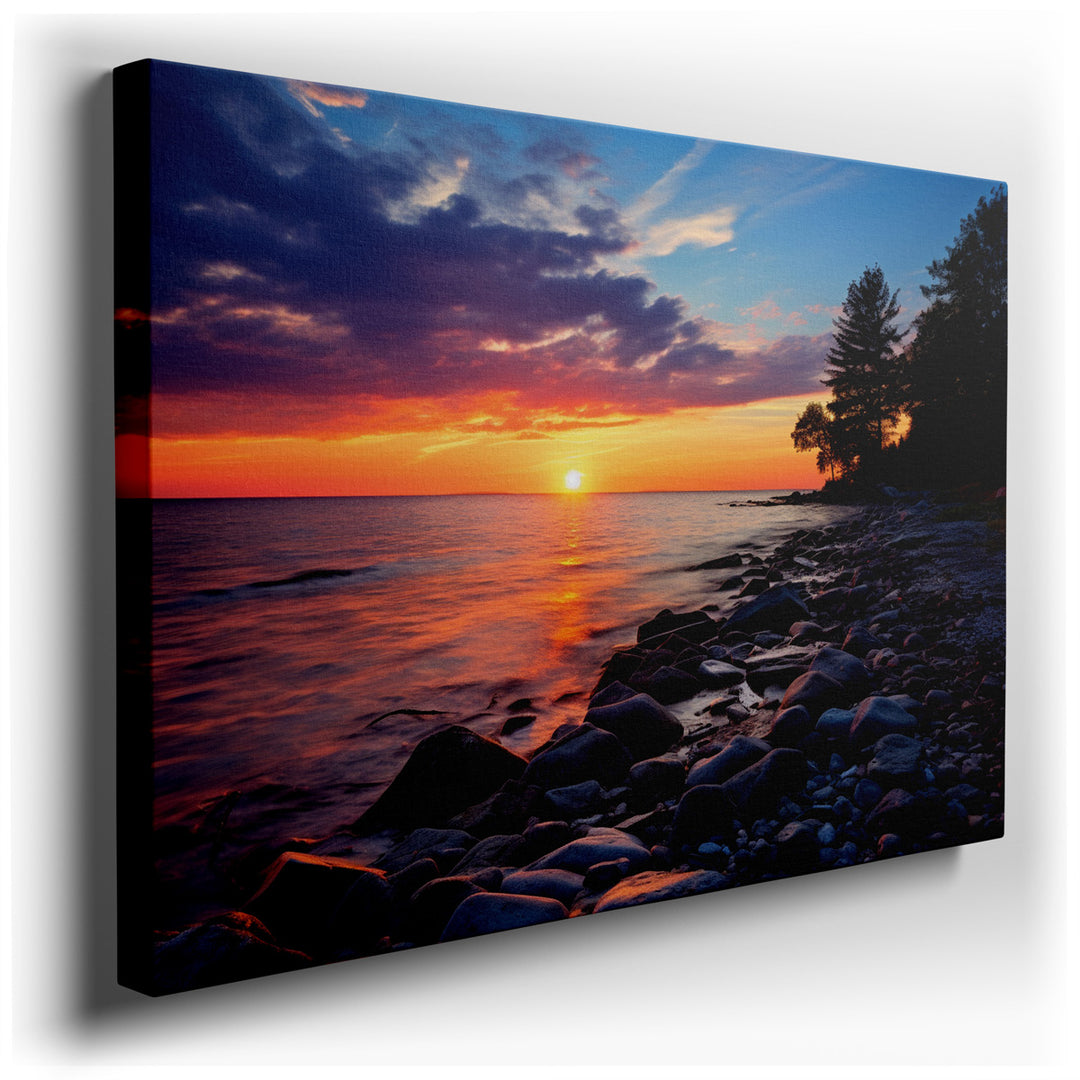 canvas print on wrapped canvas for wall decor – Imagine a wall art that captures the essence of a serene evening by a tranquil lake, where the sky above and the water b...