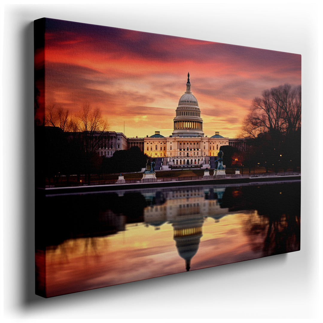 canvas print on wrapped canvas for wall decor – This captivating wall art portrays the iconic U.S. Capitol at a particularly serene moment, bathed in the soft, warm glo...