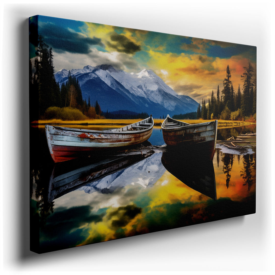 canvas print on wrapped canvas for wall decor – This enchanting wall art captures a tranquil scene of two rustic boats gently resting on the glassy surface of a serene...