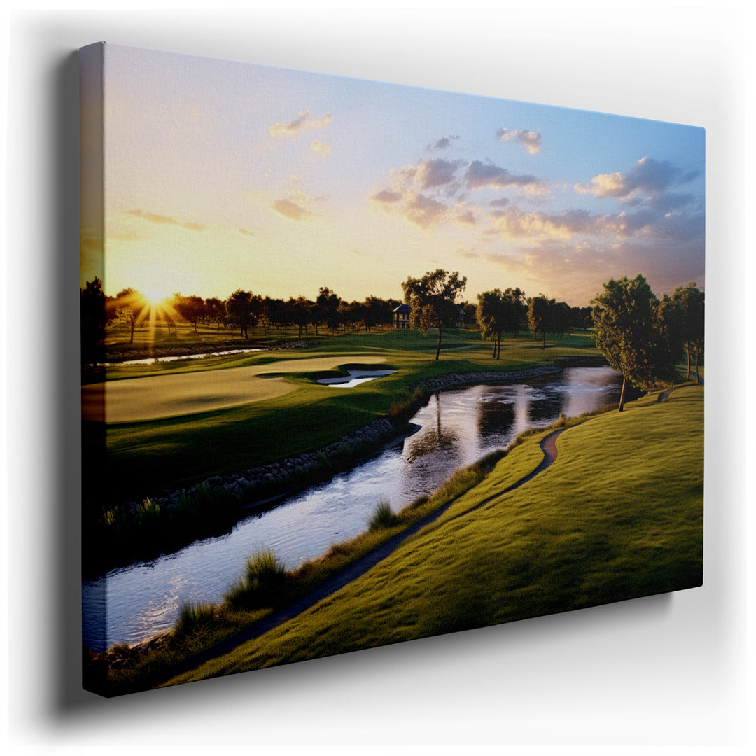 canvas print on wrapped canvas for wall decor – This enchanting wall art captures the tranquil beauty of a serene golf course at the magical hour of sunset. The scene i...