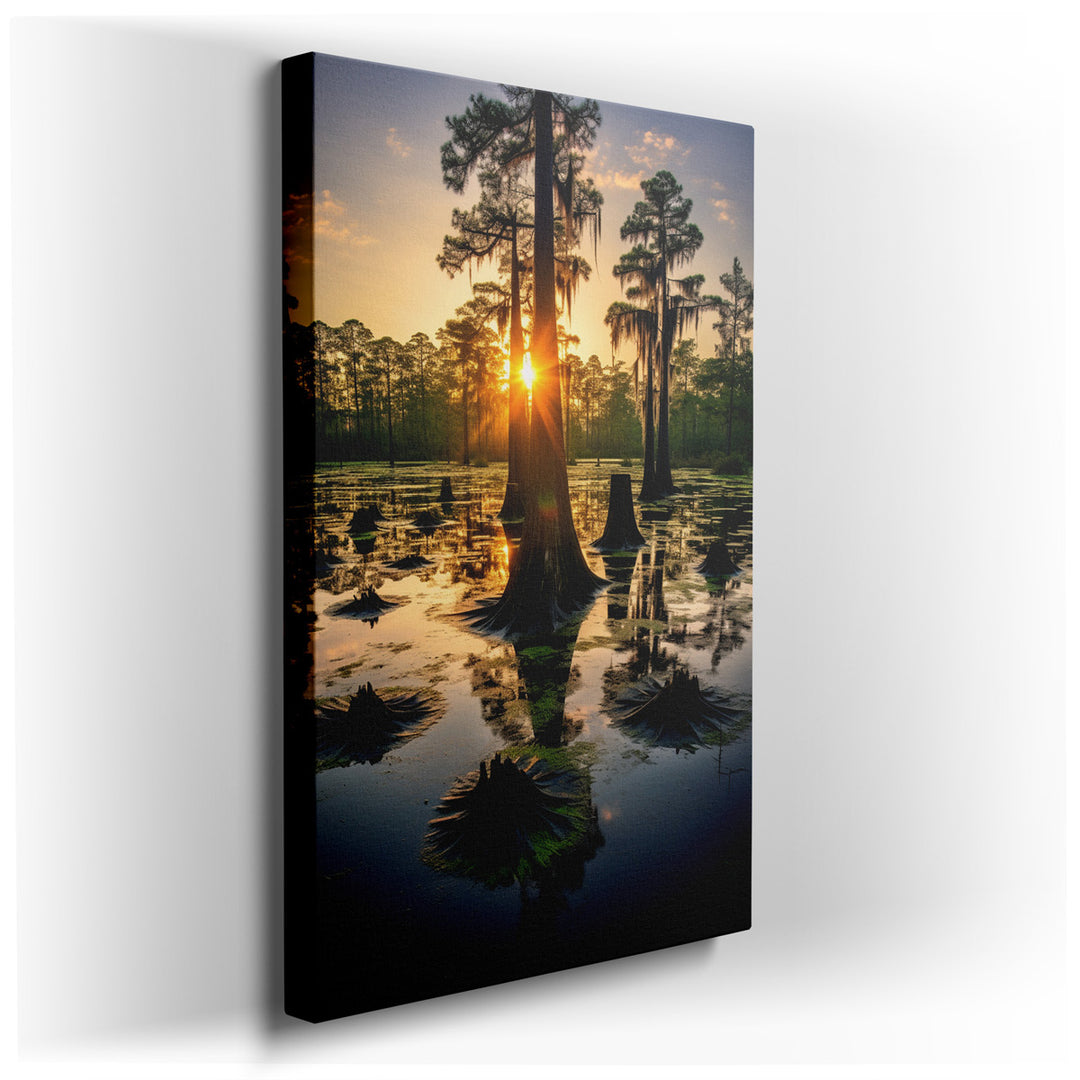 canvas print on wrapped canvas for wall decor – Imagine a wall art that captures the serene and enchanting beauty of a sunset descending over a cypress swamp. This artw...
