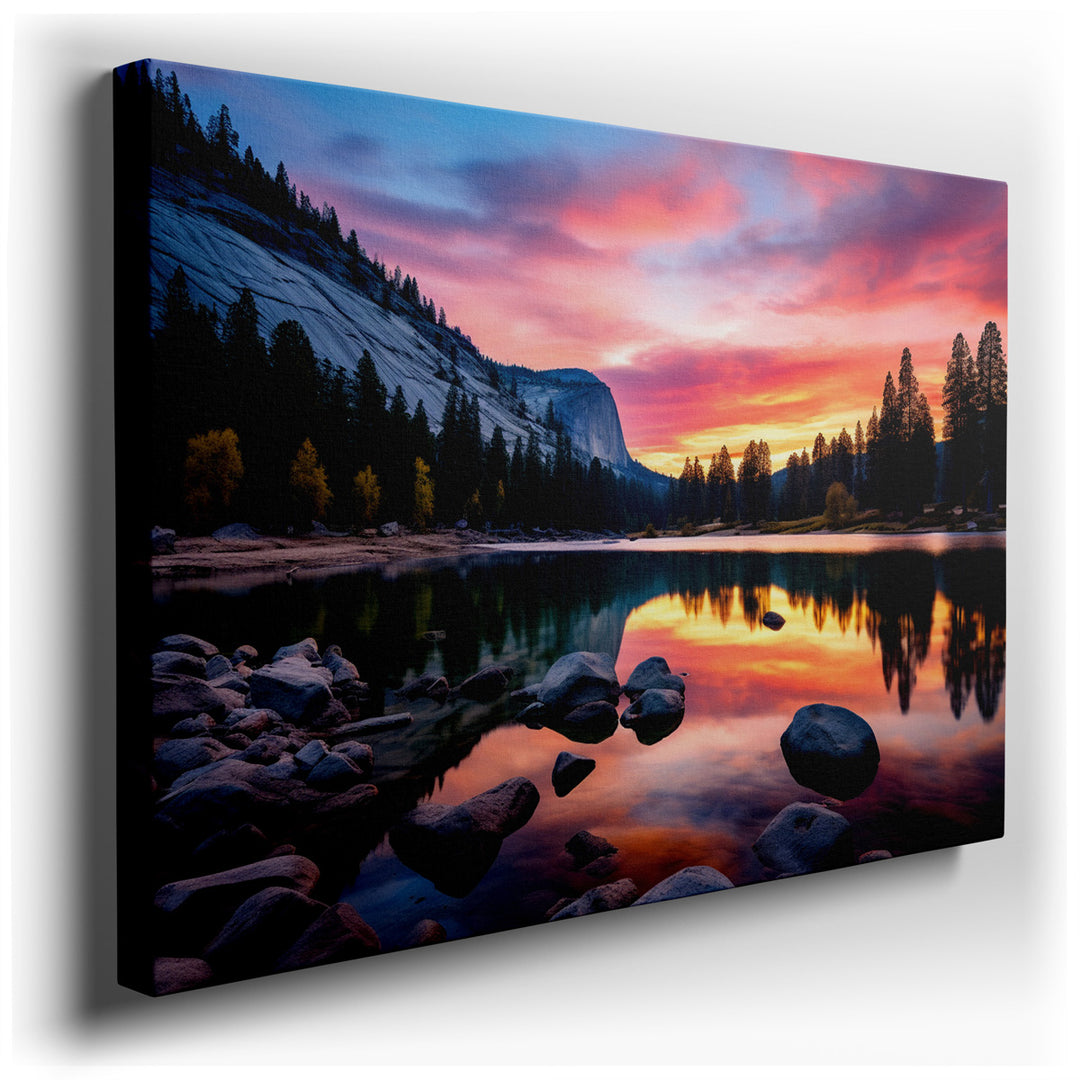 canvas print on wrapped canvas for wall decor – Imagine a wall art that captures the essence of a tranquil evening, where the sun dips below the horizon, bathing the wo...