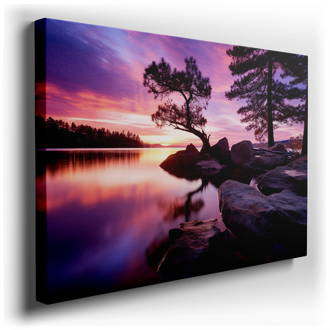 canvas print on wrapped canvas for wall decor – Imagine a wall art that encapsulates the serene beauty of nature, where the setting sun bathes a tranquil lake in a spec...