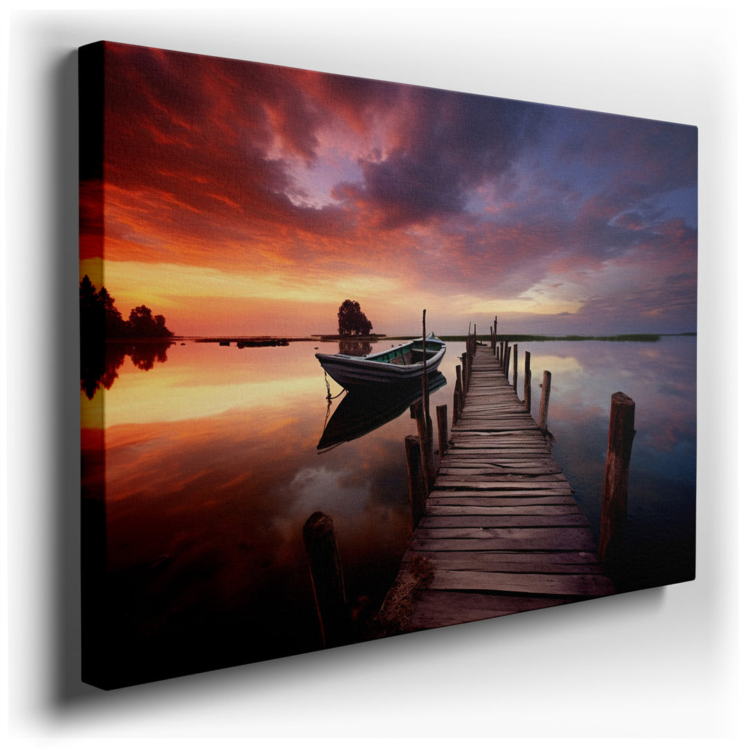 canvas print on wrapped canvas for wall decor – This enchanting wall art portrays a serene sunset over a tranquil lake, where a wooden dock stretches out into the calm...