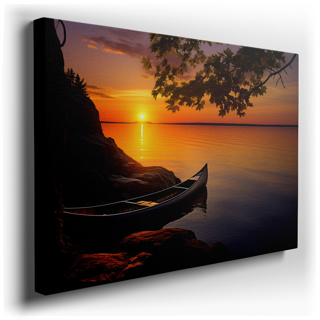 canvas print on wrapped canvas for wall decor – This exquisite wall art portrays a breathtakingly serene sunset over a placid lake, creating a scene that encapsulates t...