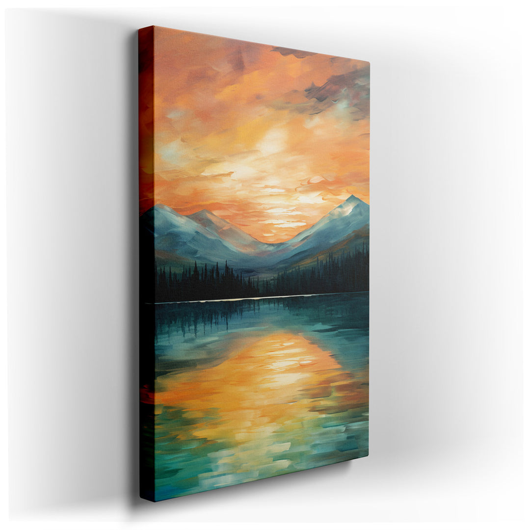 canvas print on wrapped canvas for wall decor – This enchanting wall art captures the serene beauty of a mountain lake at sunset, offering a breathtaking view that woul...