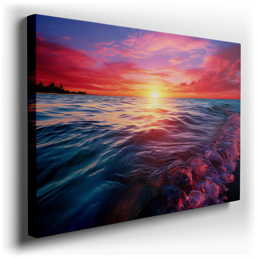 canvas print on wrapped canvas for wall decor – This enchanting wall art portrays a sublime sunset descending over a peaceful seascape, where the sky and sea meet in a...