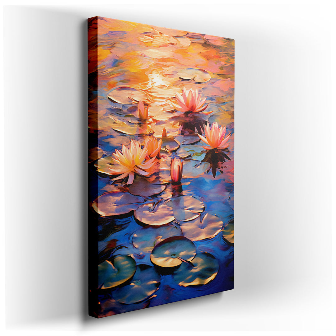canvas print on wrapped canvas for wall decor – This wall art captures the serene beauty of a pond at sunset, a scene that invites viewers into a tranquil world where n...