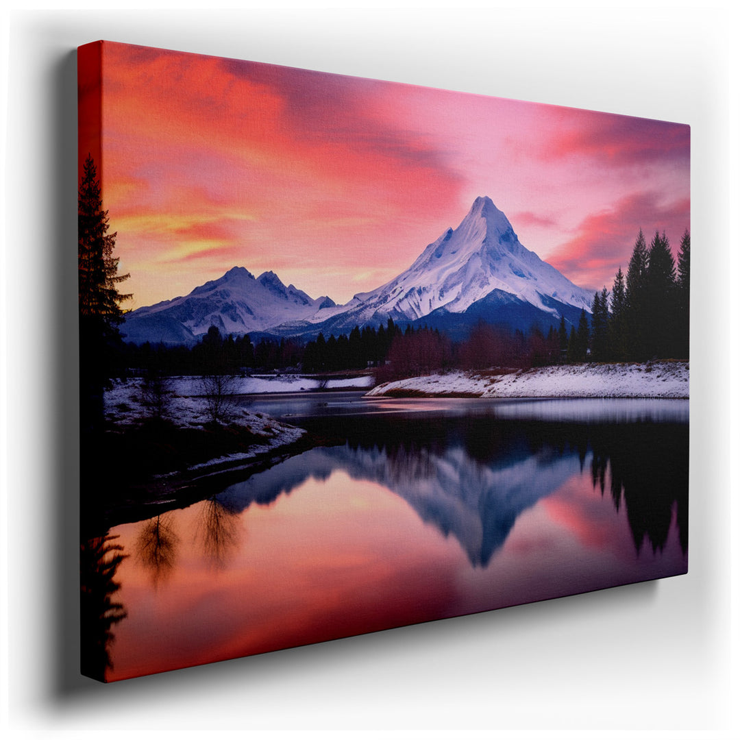 canvas print on wrapped canvas for wall decor – This enchanting wall art captures a breathtaking scene of natural splendor, where a majestic mountain is mirrored flawle...