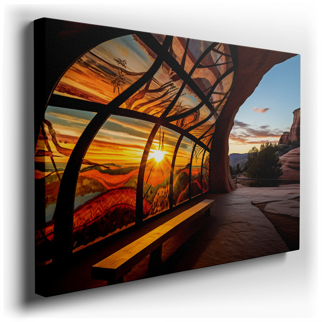 canvas print on wrapped canvas for wall decor – This wall art is a masterful depiction of a serene sunset landscape as viewed through an artistically crafted window, bl...