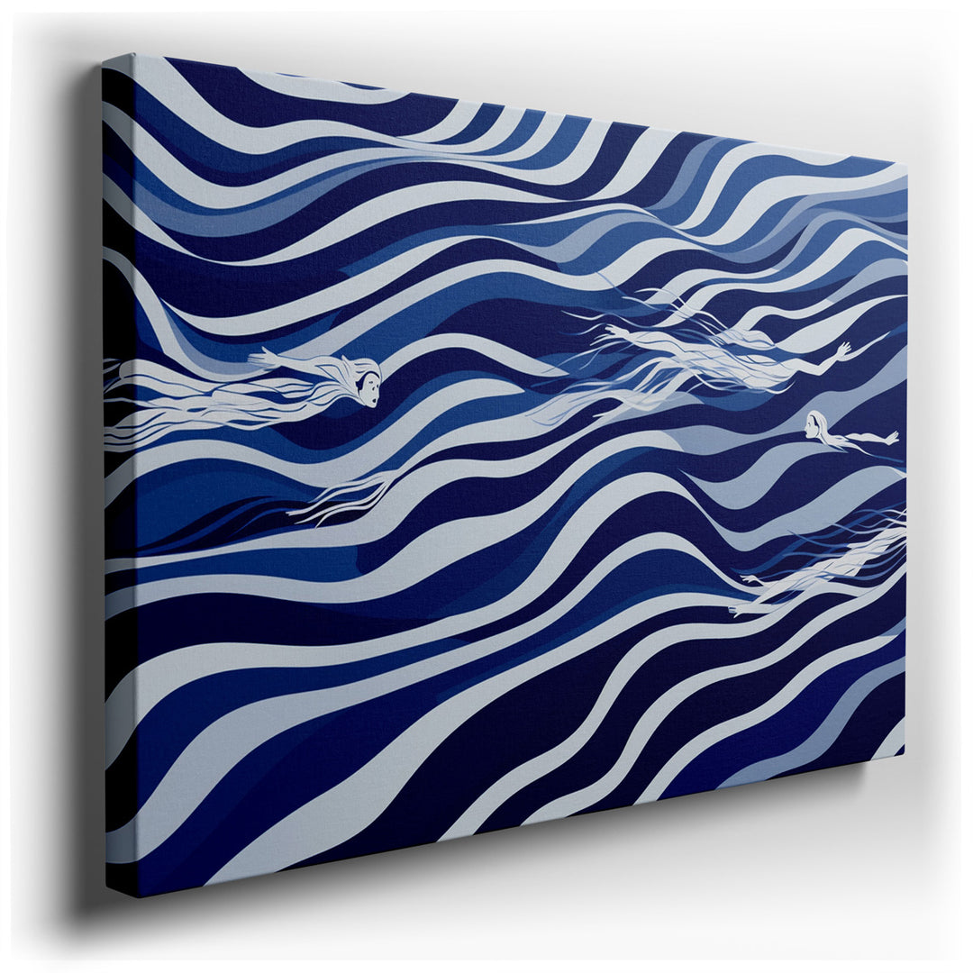 canvas print on wrapped canvas for wall decor – This wall art is an exquisite abstract and stylized depiction that captures the serene and rhythmic essence of swimmers...