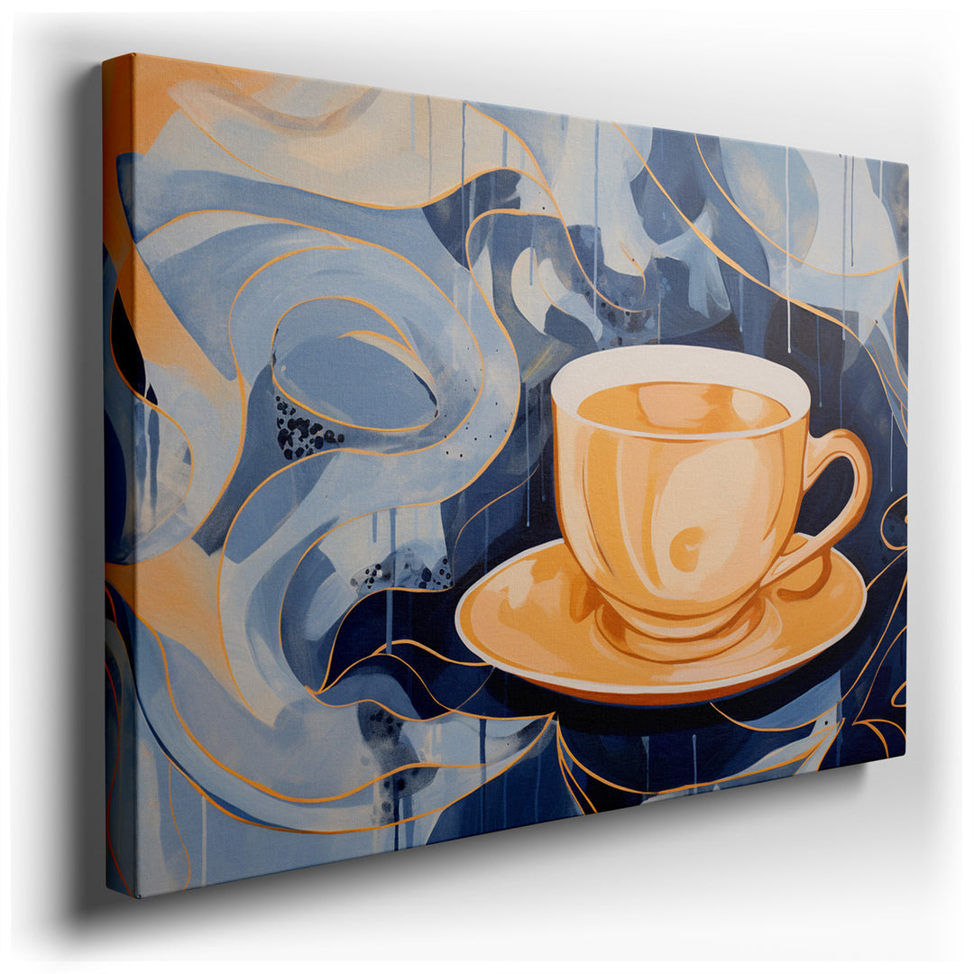canvas print on wrapped canvas for wall decor – This enchanting wall art, a masterful depiction of a simple cup of tea, is set against a mesmerizing backdrop of abstrac...