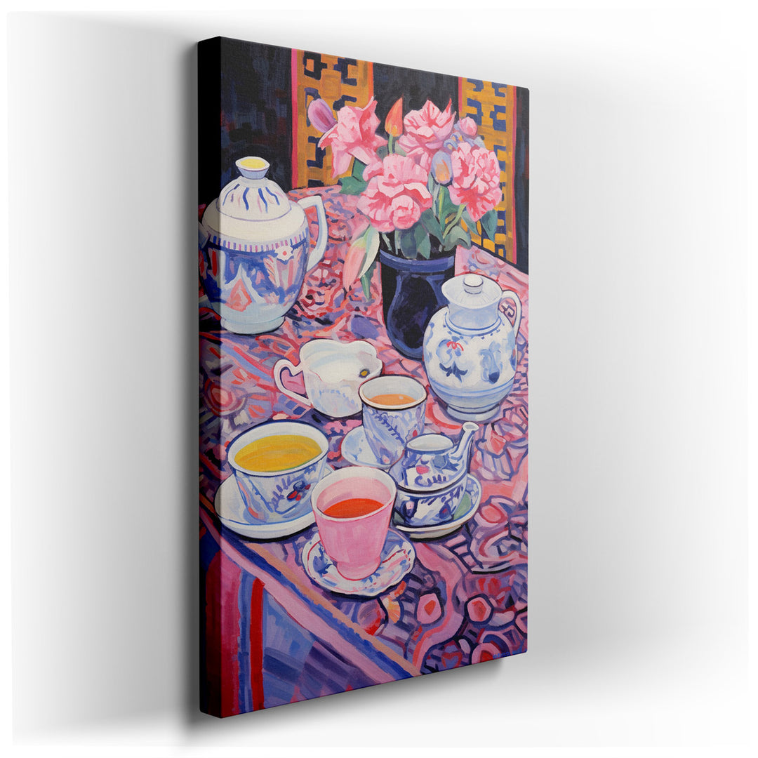 canvas print on wrapped canvas for wall decor – This exquisite still life wall art, a masterful depiction of a tea set amidst a backdrop of vibrant flowers and sumptuou...