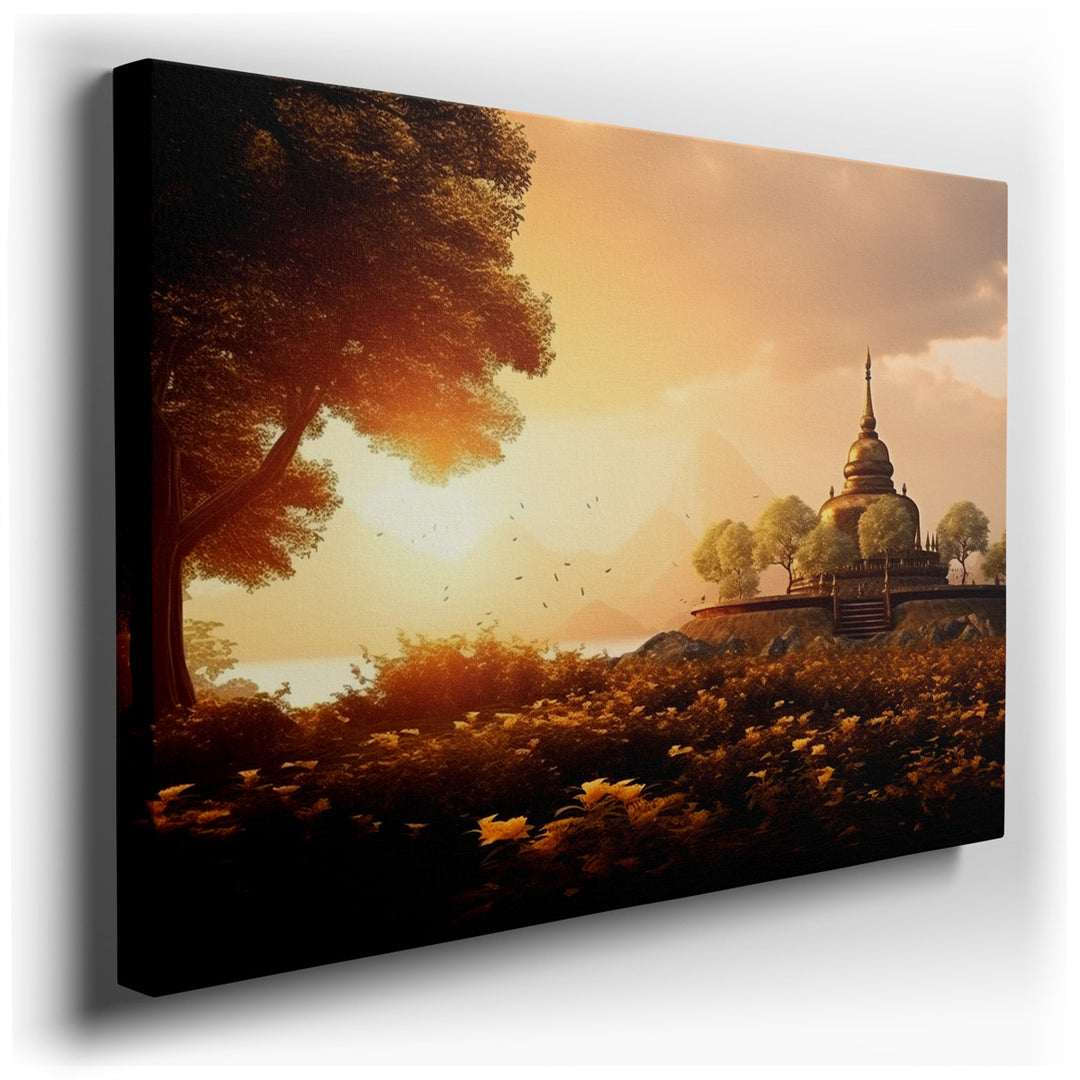 canvas print on wrapped canvas for wall decor – This exquisite wall art portrays a serene temple, gracefully ensconced within a verdant landscape, bathed in the golden...