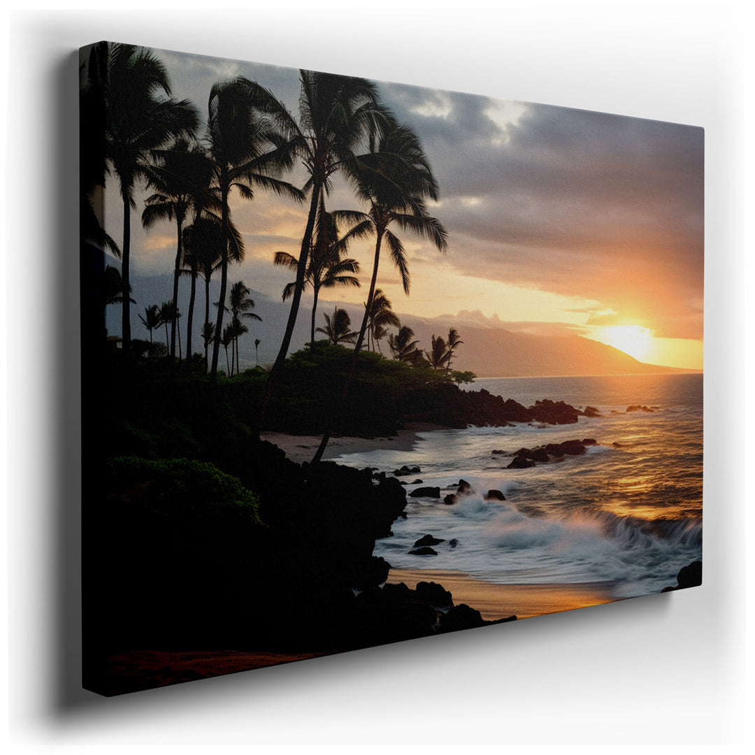 canvas print on wrapped canvas for wall decor – This exquisite wall art transports viewers to a serene tropical beach at the magical moment of sunset, where the natural...