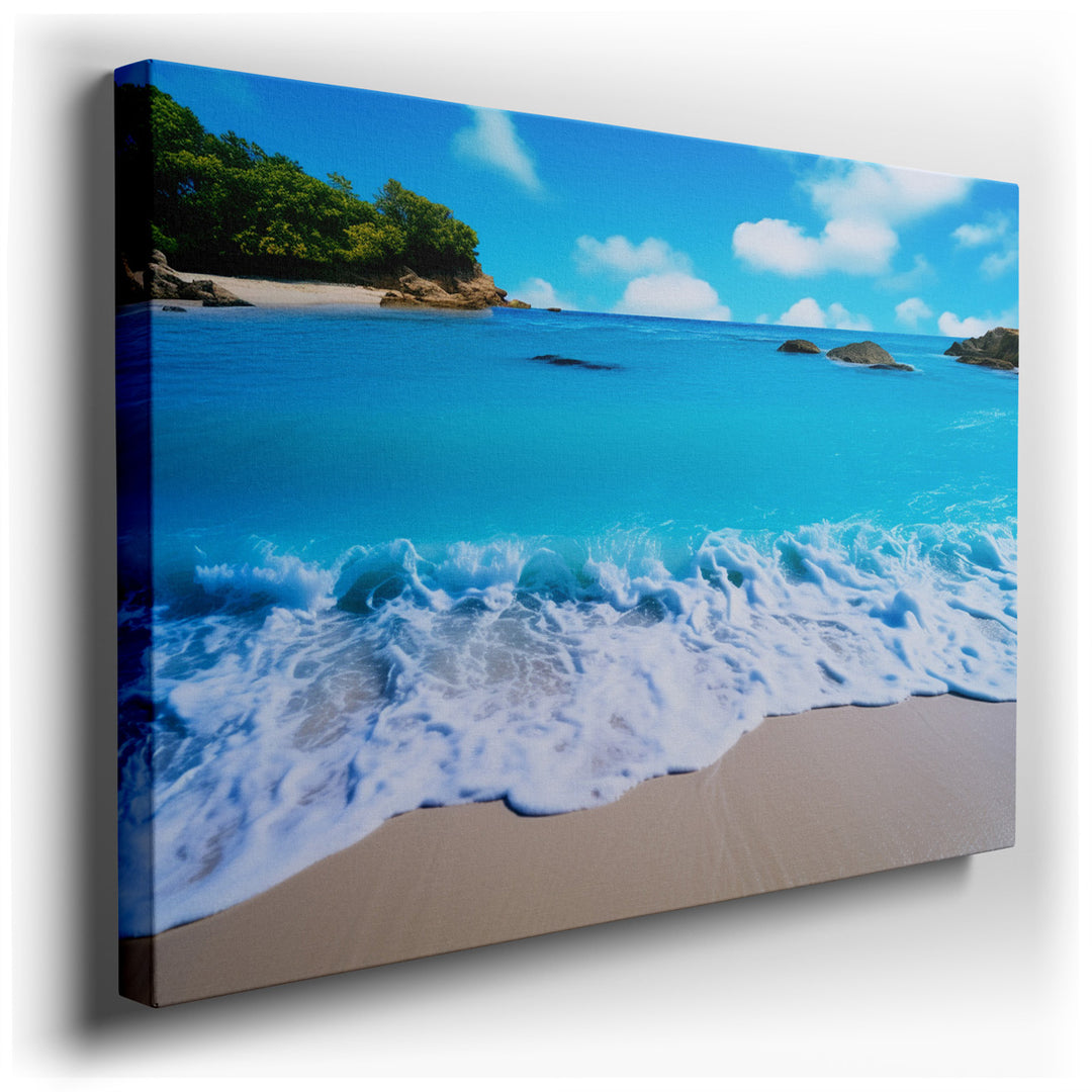 canvas print on wrapped canvas for wall decor – The wall art you are considering is a breathtaking portrayal of a serene tropical paradise, masterfully capturing the es...