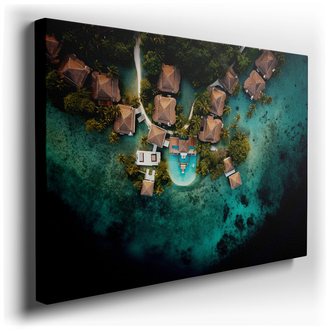 canvas print on wrapped canvas for wall decor – This enchanting wall art captures a breathtaking aerial view of a serene tropical resort, where luxurious overwater bung...