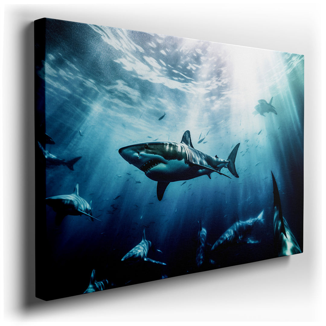 canvas print on wrapped canvas for wall decor – Imagine a wall art that transports you into the depths of the ocean, a realm where the majestic beauty of sharks is capt...