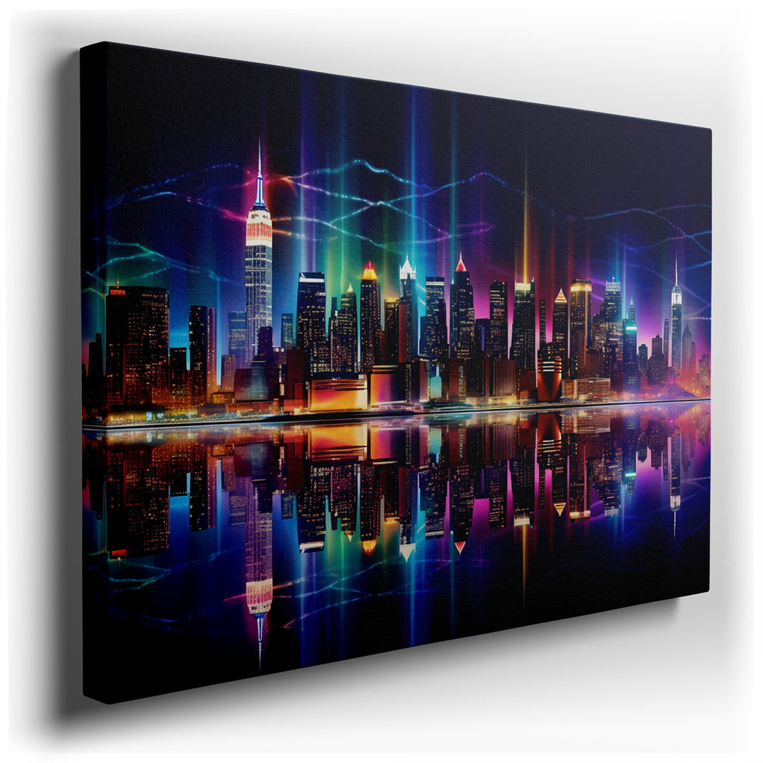 canvas print on wrapped canvas for wall decor – This wall art captures the essence of a bustling urban landscape transformed into a serene tableau under the cloak of ni...