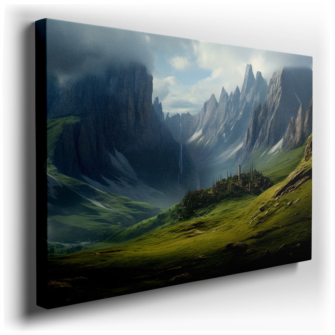 canvas print on wrapped canvas for wall decor – This enchanting wall art portrays a serene valley, cradled by imposing mountain peaks that stretch towards the sky, enca...