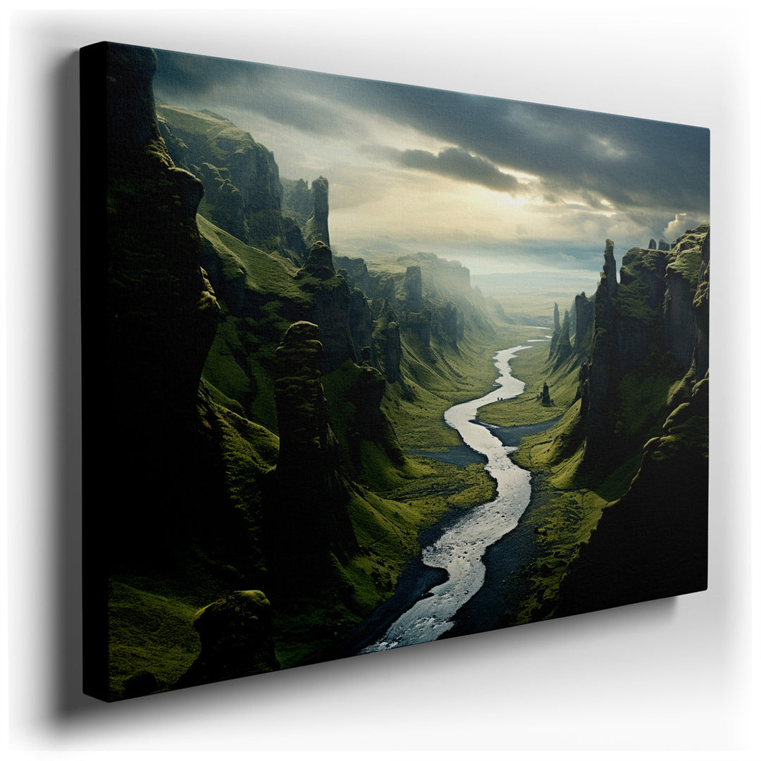 canvas print on wrapped canvas for wall decor – This wall art captures a breathtaking valley landscape, where the serene flow of a river carves its way through imposing...