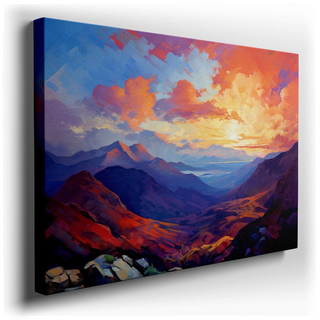 canvas print on wrapped canvas for wall decor – This wall art captures a breathtaking sunrise over a picturesque valley, masterfully conveying the serene yet dynamic be...