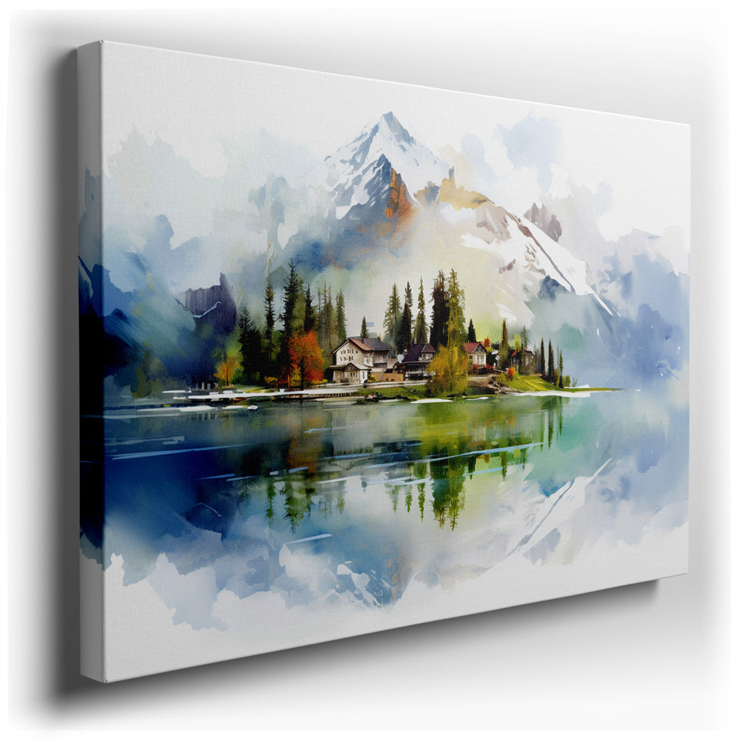 canvas print on wrapped canvas for wall decor – This enchanting landscape wall art captures the serene beauty of a quaint village nestled beside a pristine lake, offeri...