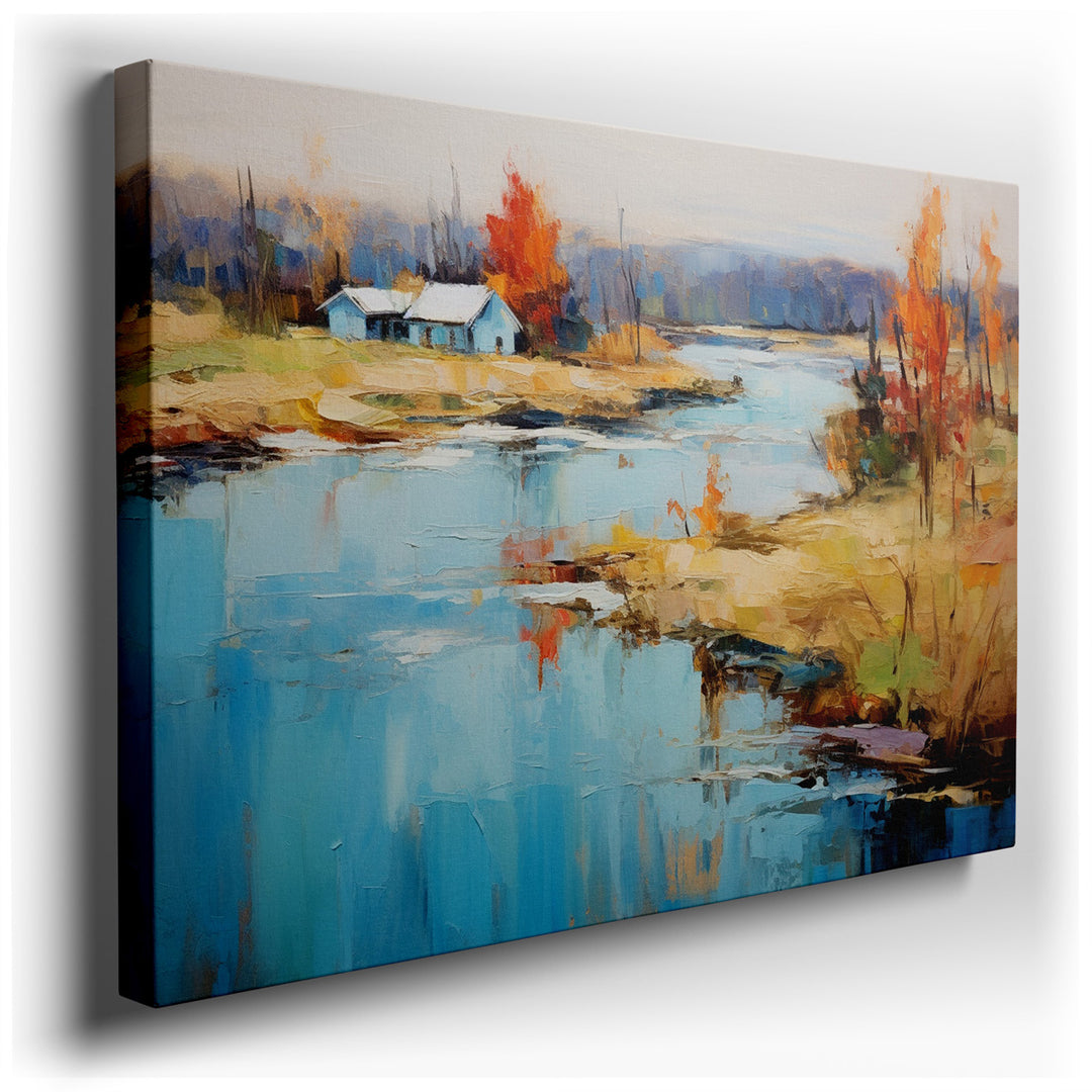 canvas print on wrapped canvas for wall decor – This exquisite wall art, a masterpiece of serene beauty and subtle charm, portrays an idyllic autumnal scene that is bot...