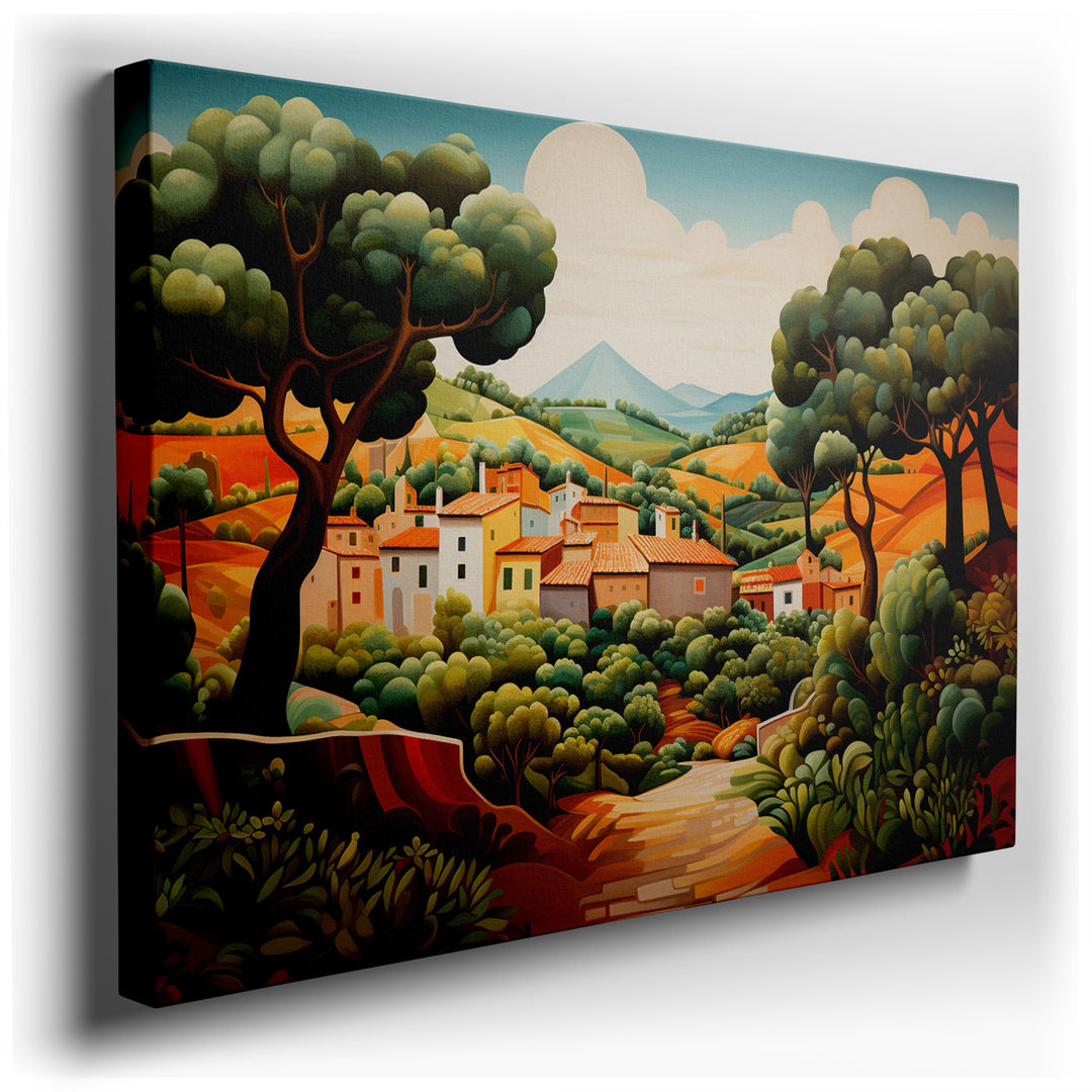 canvas print on wrapped canvas for wall decor – This wall art captures the essence of a picturesque village, cradled by the gentle embrace of rolling hills, presenting...