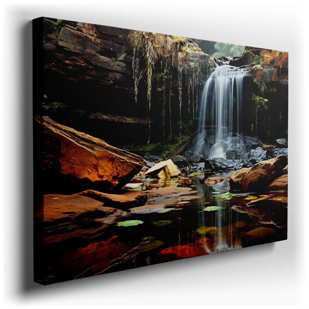 canvas print on wrapped canvas for wall decor – This captivating wall art portrays a secluded waterfall, a hidden gem tucked away within a cradle of rugged cliffs. The...