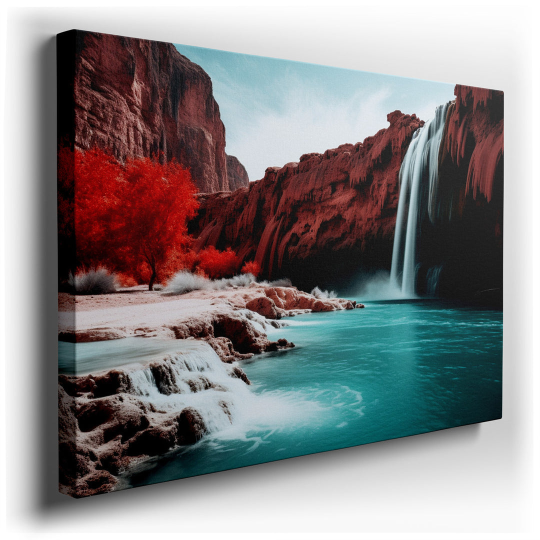 canvas print on wrapped canvas for wall decor – This wall art, a mesmerizing portrayal of waterfalls cascading over red-hued rocks, offers a visual feast that can trans...