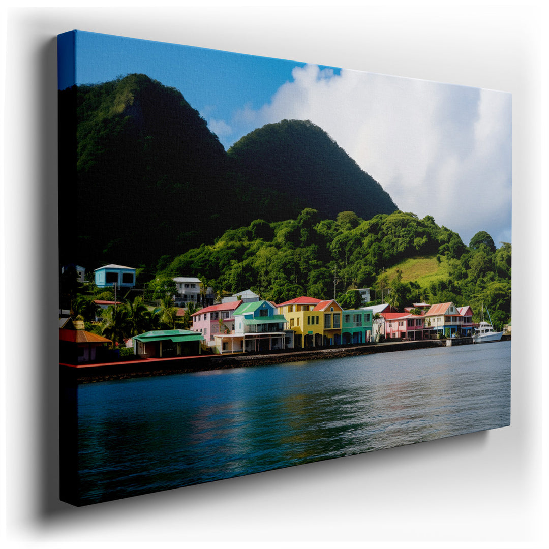 canvas print on wrapped canvas for wall decor – This enchanting wall art captures a picturesque scene of vibrant, colorful waterfront houses gracefully lined along the...