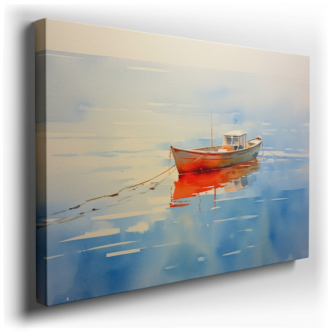 canvas print on wrapped canvas for wall decor – This wall art, a captivating portrayal of a solitary fishing boat floating on placid waters, is a masterpiece of tranqui...