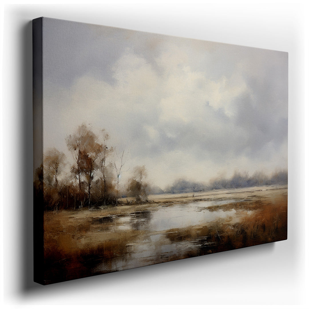canvas print on wrapped canvas for wall decor – This ethereal landscape wall art, a masterpiece of soft hues and reflective elements, captures the essence of tranquilit...
