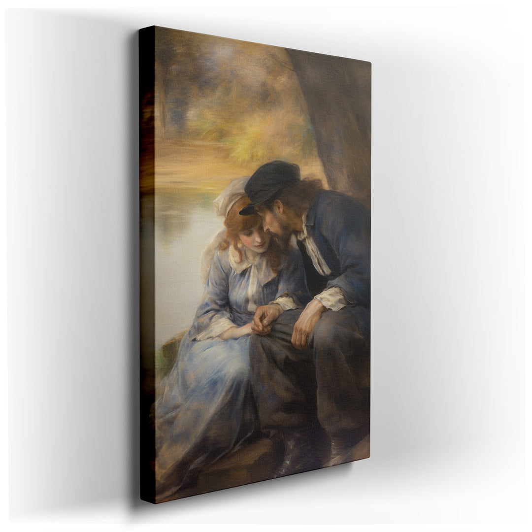 canvas print on wrapped canvas for wall decor – This exquisite wall art captures a profoundly intimate moment between two lovers, seated gracefully by the water's edge....