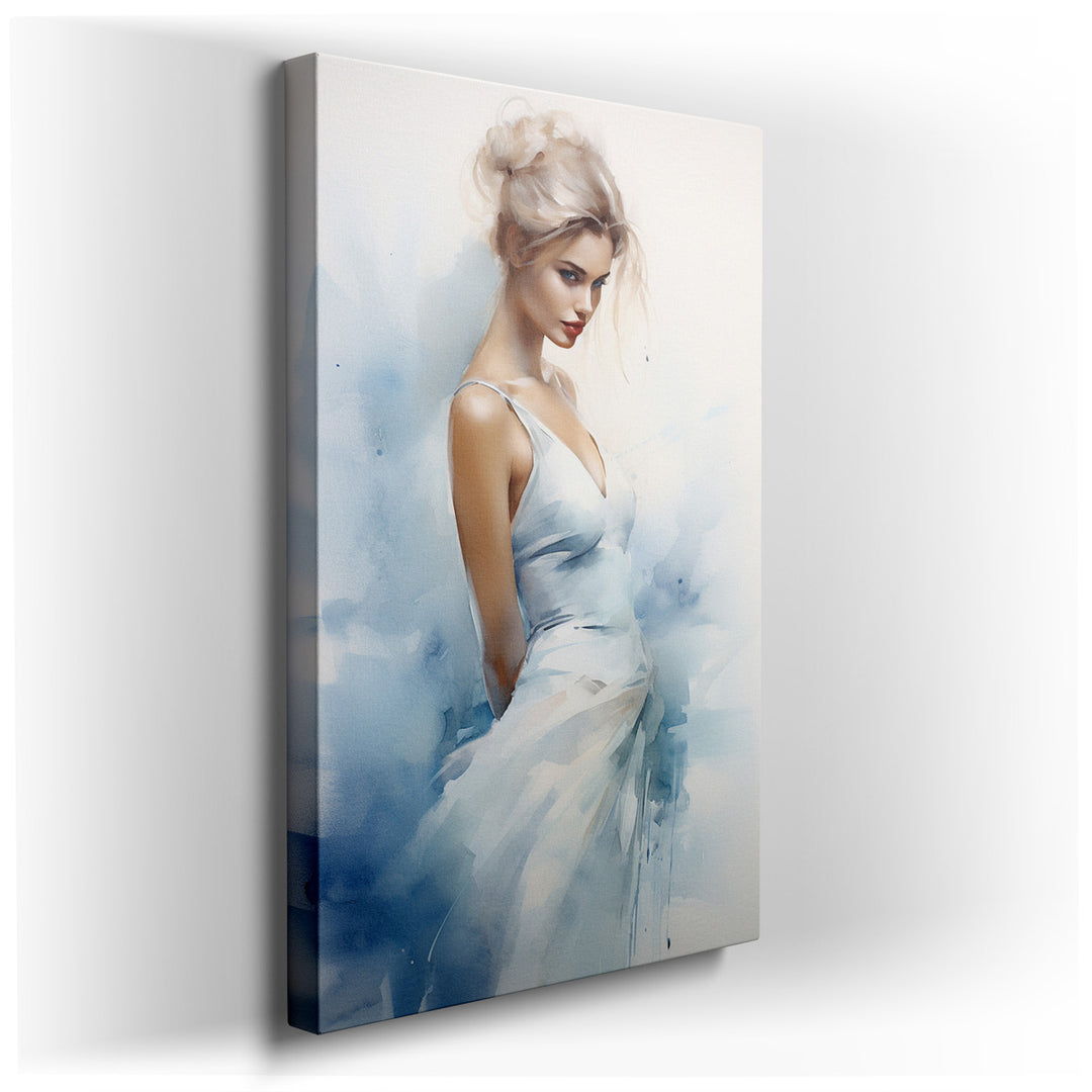 canvas print on wrapped canvas for wall decor – This exquisite wall art, portraying an ethereal beauty adorned in a soft white dress, encapsulates a moment brimming wit...