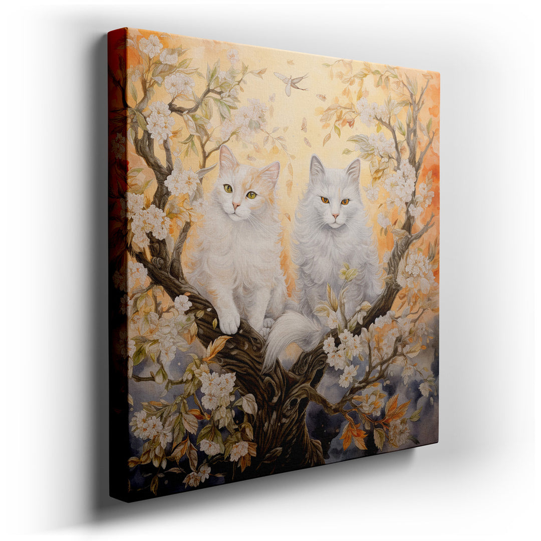 canvas print on wrapped canvas for wall decor – This enchanting wall art captures the serene beauty of nature intertwined with the elegance of two majestic white cats....