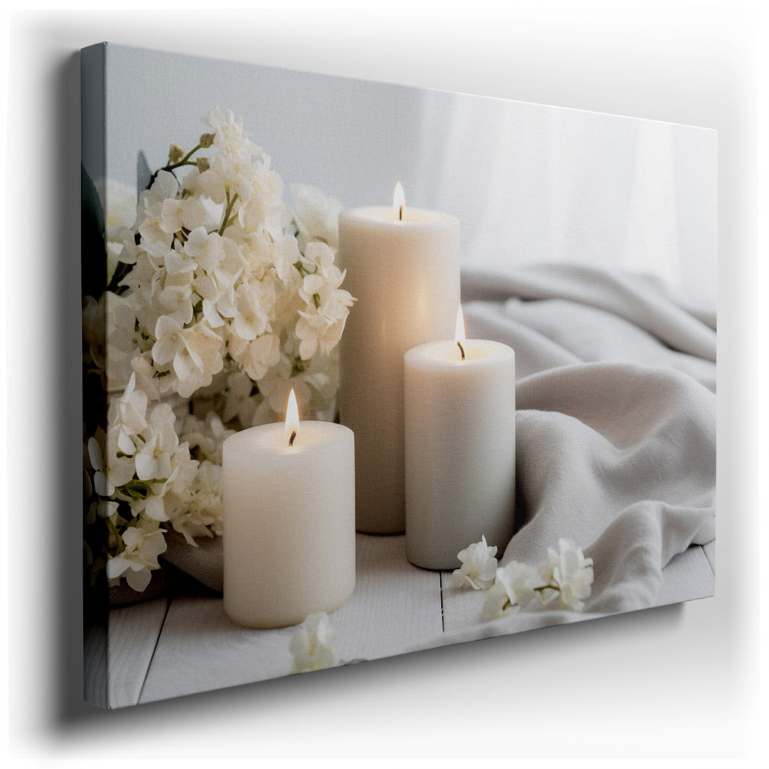canvas print on wrapped canvas for wall decor – This wall art, a masterful depiction of delicate white flowers alongside softly glowing candles, exudes an aura of tranq...