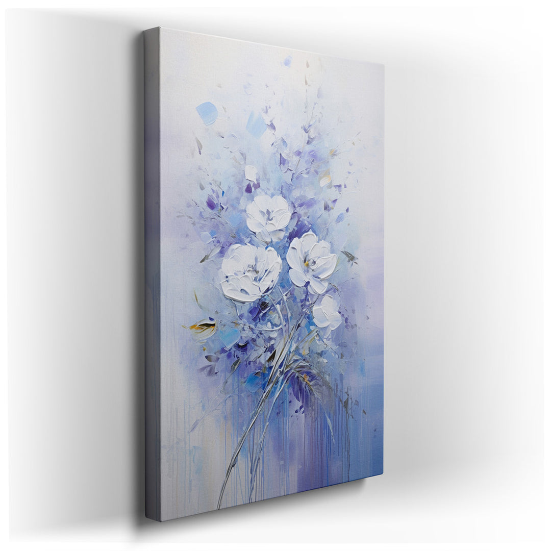 canvas print on wrapped canvas for wall decor – This captivating wall art, a masterful composition of delicate white flowers intermingled with soft purple hues, offers...