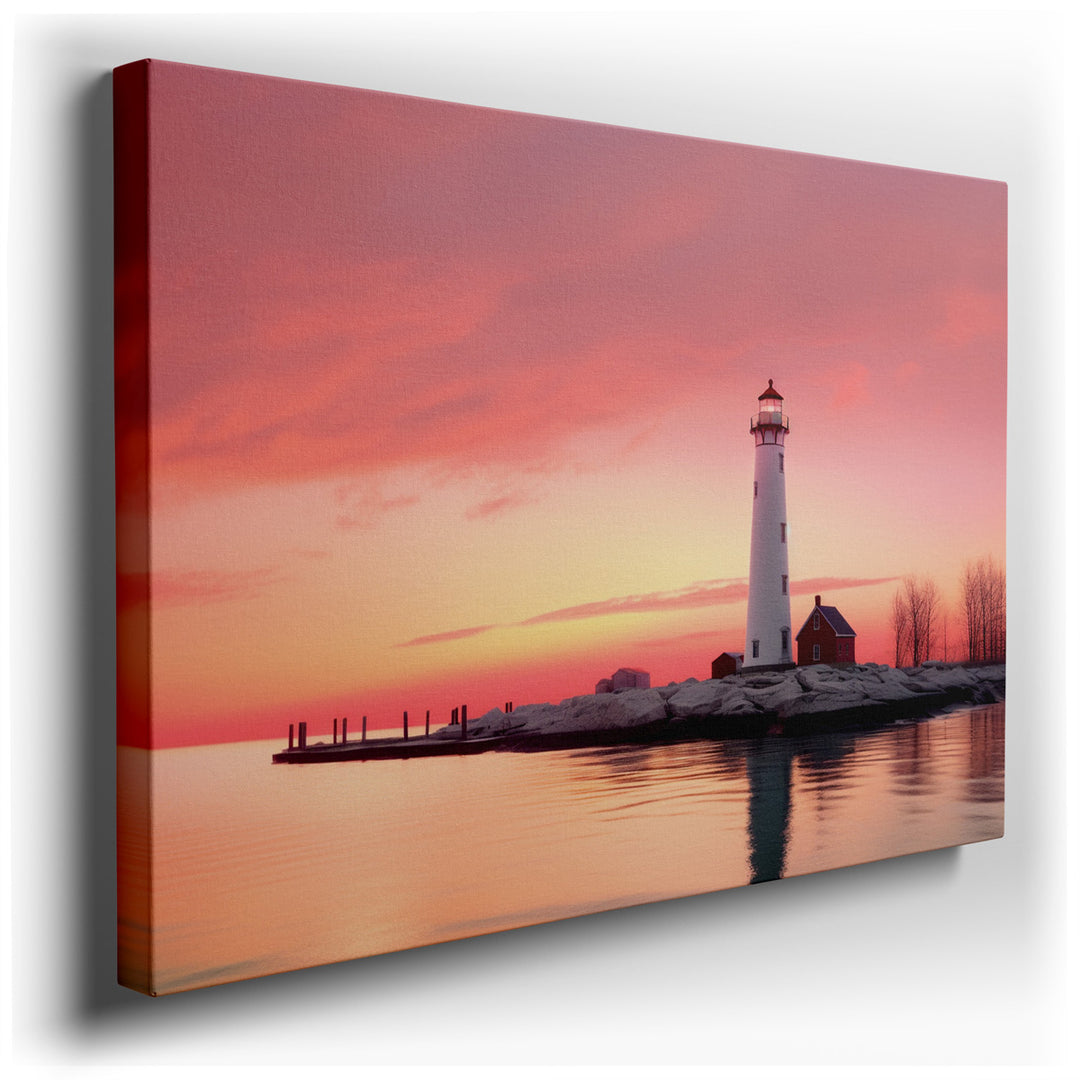 canvas print on wrapped canvas for wall decor – This enchanting wall art captures the serene beauty of a majestic white lighthouse standing tall against the backdrop of...