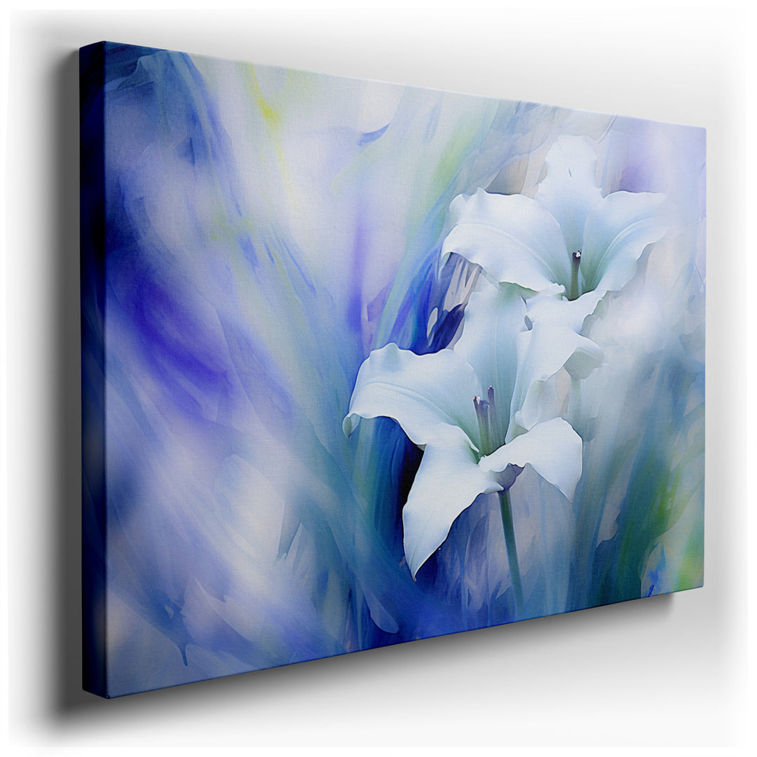 canvas print on wrapped canvas for wall decor – This enchanting wall art captures the serene beauty of two elegant white lilies, masterfully set against a soothing back...