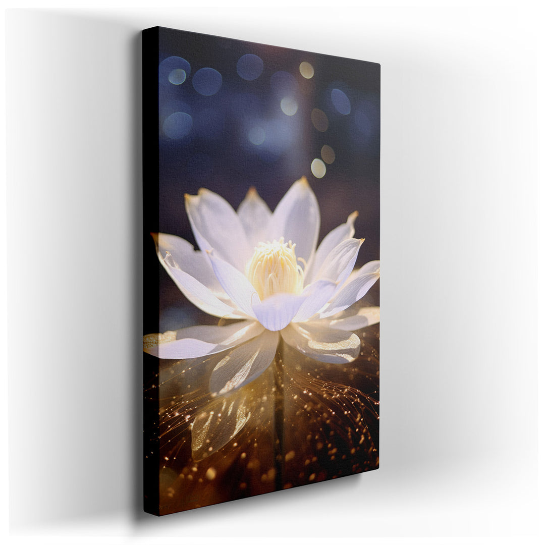 canvas print on wrapped canvas for wall decor – This exquisite wall art portrays a radiant white lotus blossom, a symbol of purity and tranquility, bathed in an etherea...