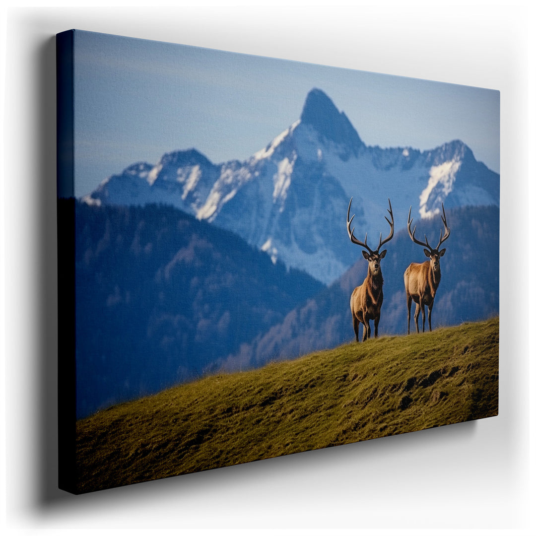 canvas print on wrapped canvas for wall decor – This exquisite wall art captures a moment of serene majesty in the wilderness, featuring two majestic elk standing promi...