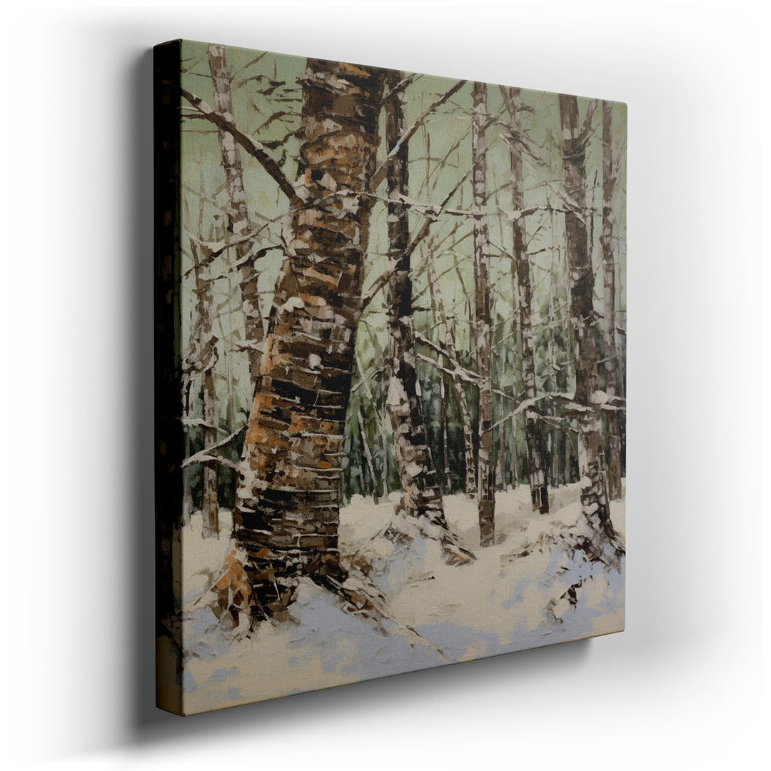 canvas print on wrapped canvas for wall decor – This exquisite wall art, depicting a serene winter scene, is a masterful portrayal of birch trees set against a snowy la...