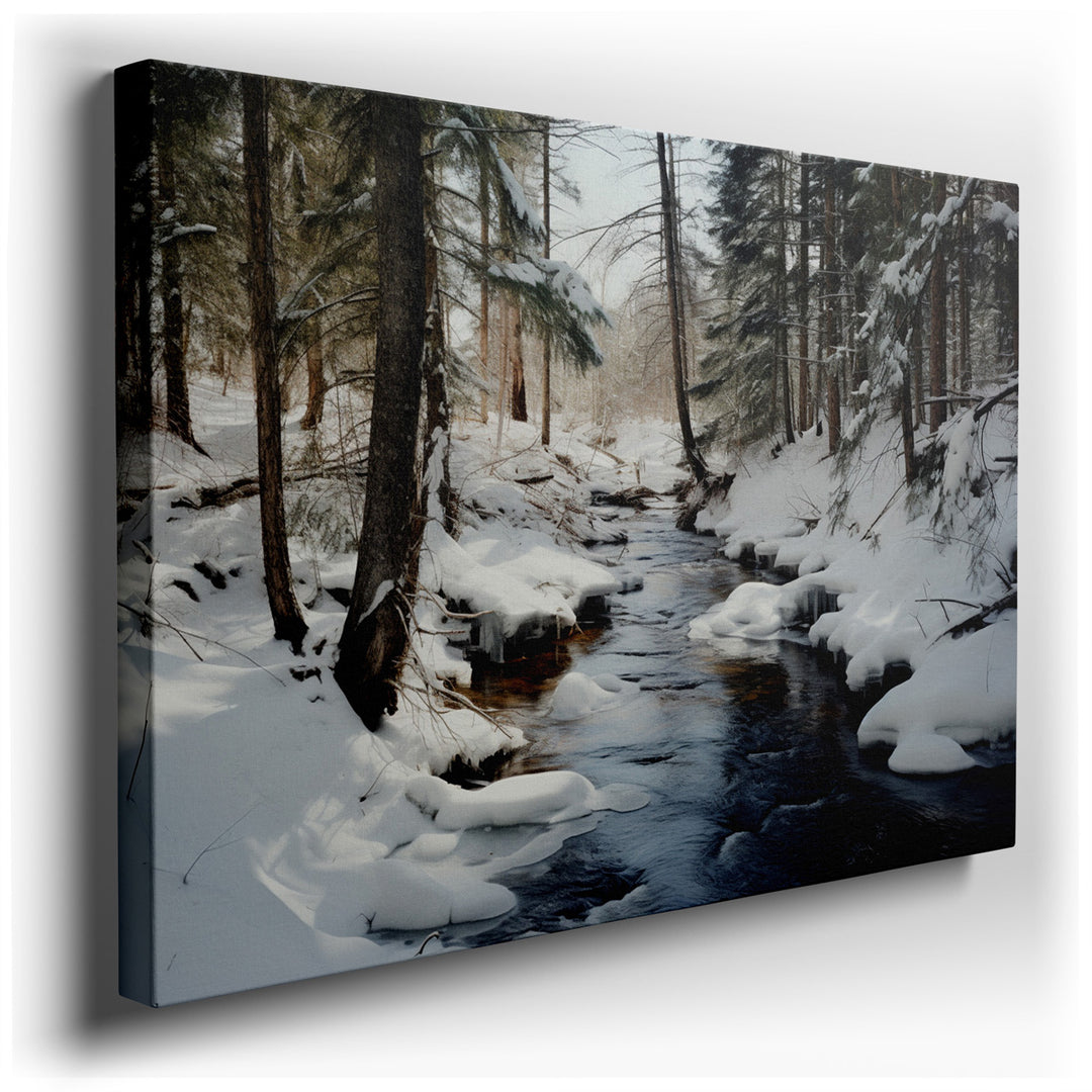 canvas print on wrapped canvas for wall decor – This enchanting wall art captures the serene beauty of a winter landscape, where a gentle stream meanders through a fore...