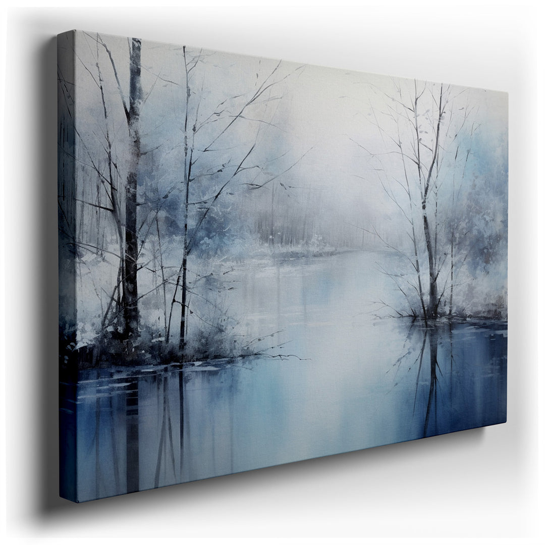 canvas print on wrapped canvas for wall decor – This serene winter landscape wall art is a masterful depiction of a tranquil, foggy scene that seems to suspend time in...