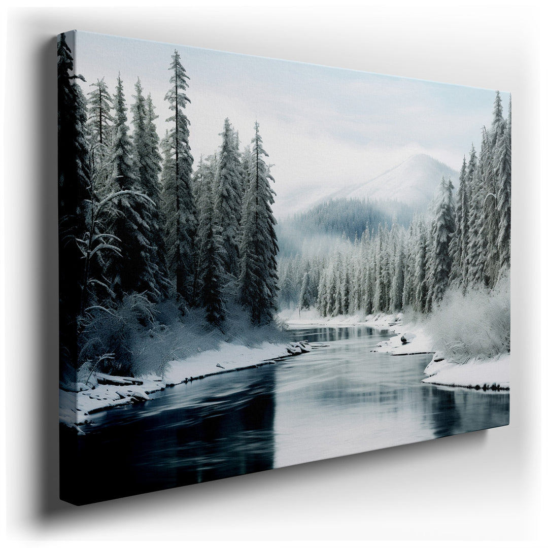 canvas print on wrapped canvas for wall decor – This exquisite wall art captures the essence of a serene winter landscape, where a tranquil river meanders gracefully th...