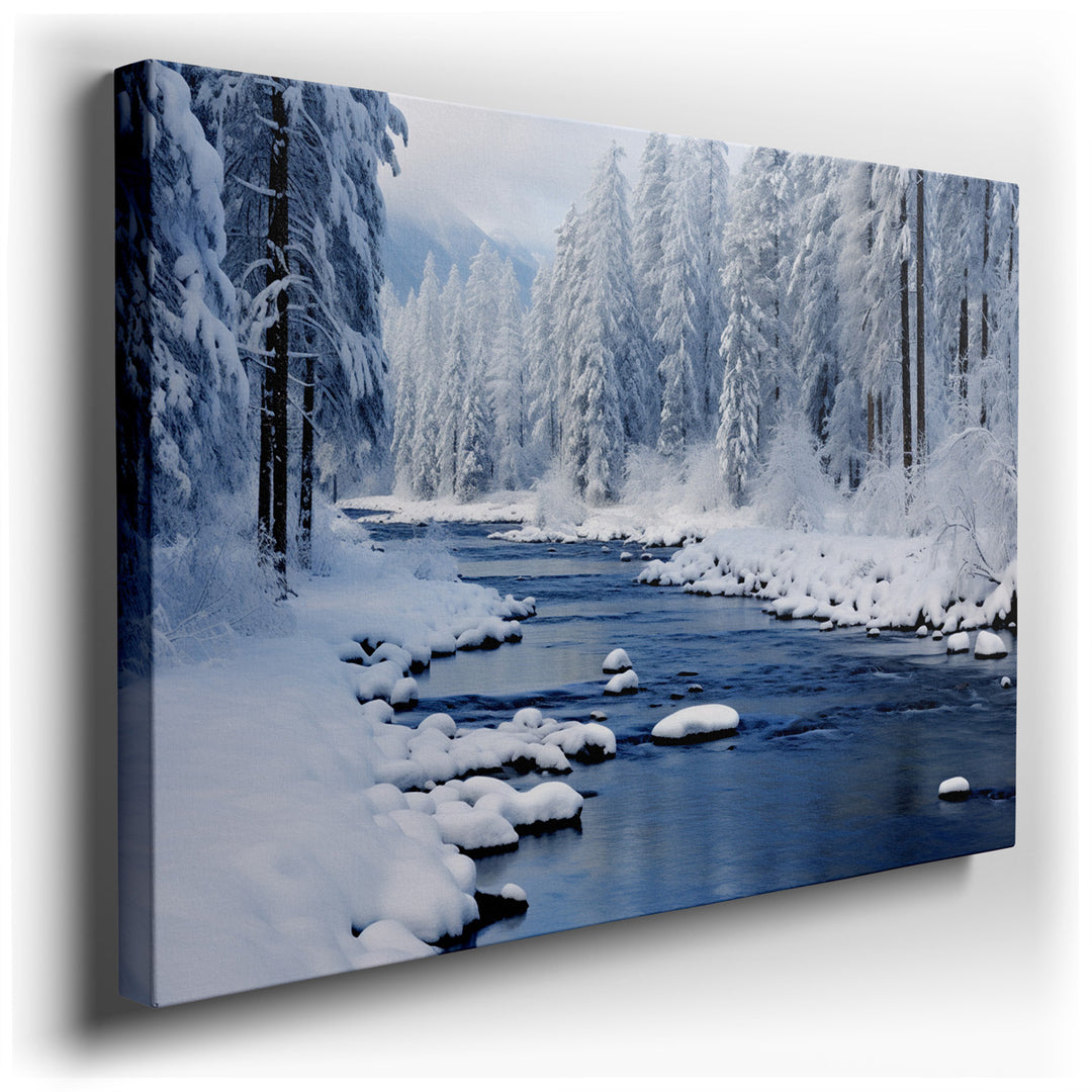 canvas print on wrapped canvas for wall decor – The wall art in question is a masterful depiction of a winter landscape, capturing the essence of the season's serene an...