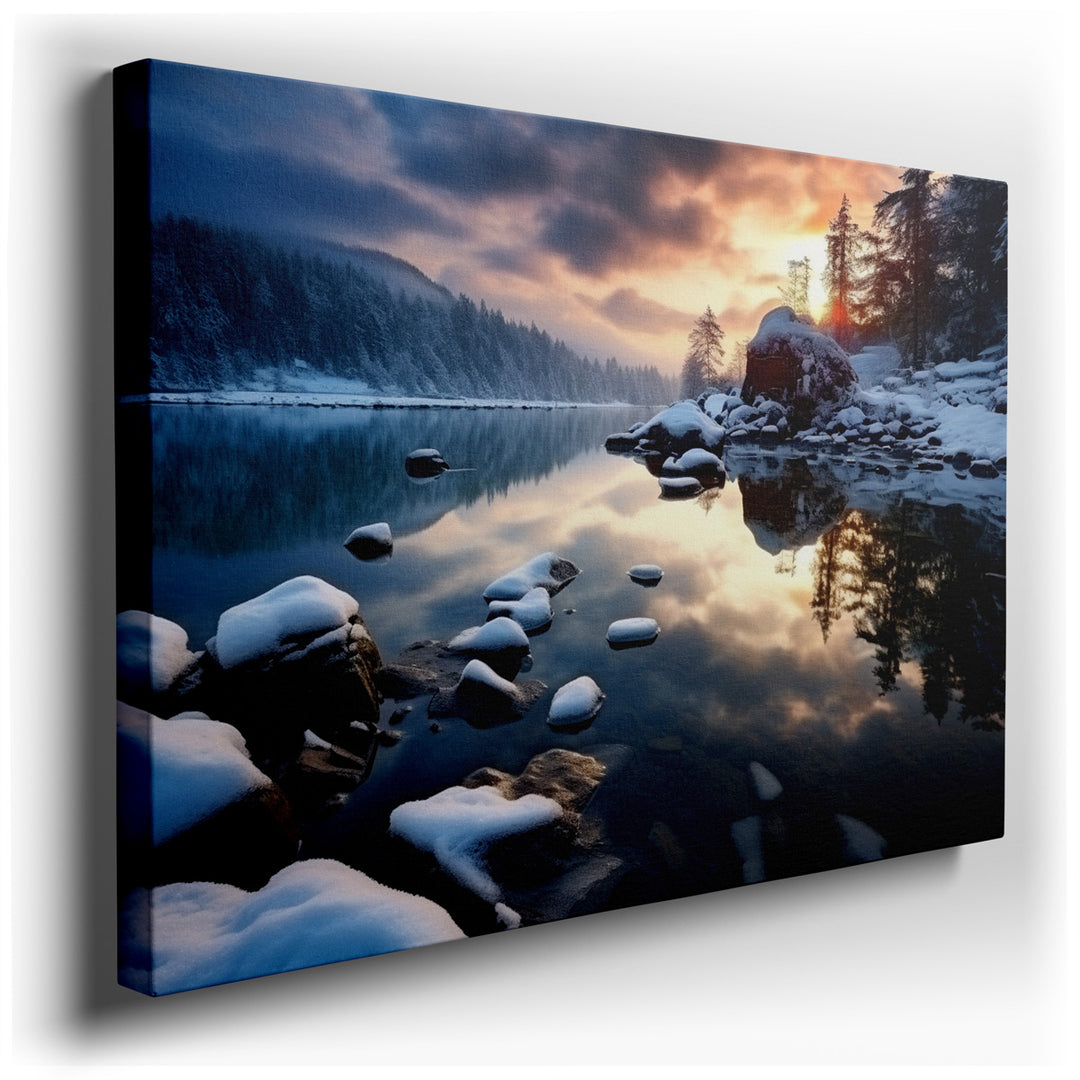 canvas print on wrapped canvas for wall decor – This enchanting wall art captures the serene beauty of a winter landscape, where nature's quietude and the day's final g...