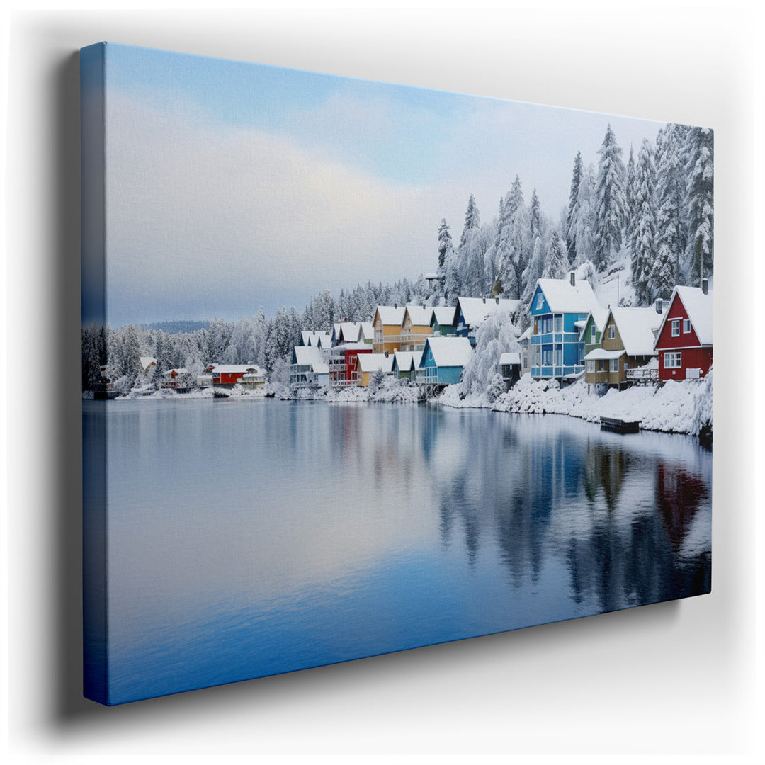 canvas print on wrapped canvas for wall decor – This enchanting wall art captures the essence of a serene winter wonderland, where the tranquility of a frozen lake meet...